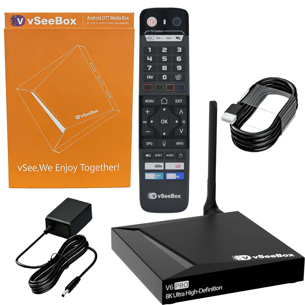 Vseebox V6 Pro full package contents with remote and accessories